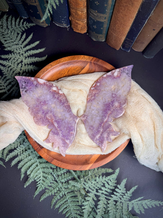 Amethyst Flower Agate Butterfly Wings on Gold Stand