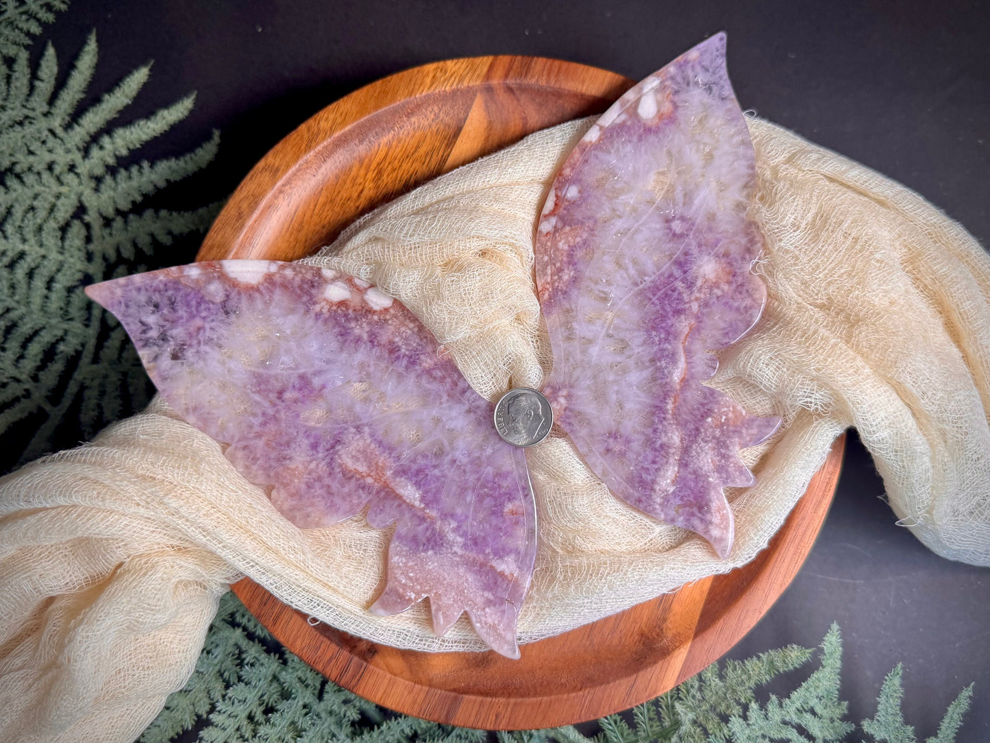 Amethyst Flower Agate Butterfly Wings on Gold Stand