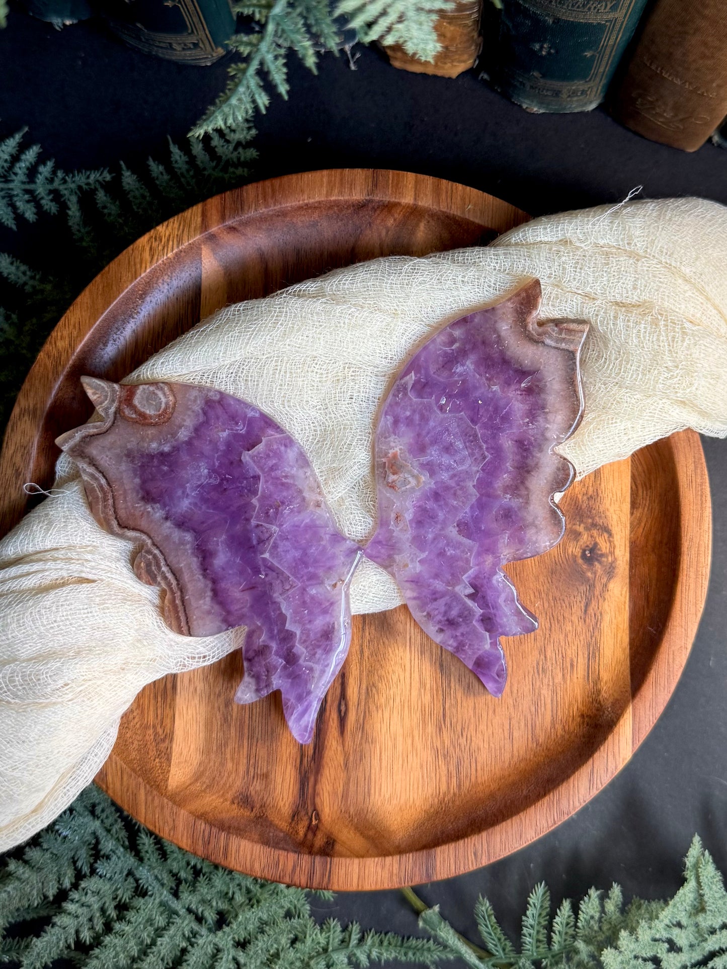 Amethyst Mexican Crazy Lace Butterfly Wings on Gold Stand