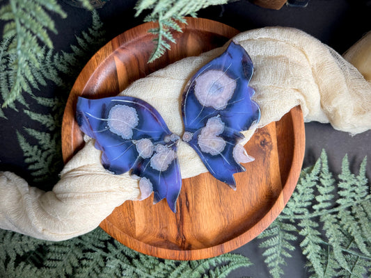 Blue Flower Agate Butterfly Wings on Gold Stand