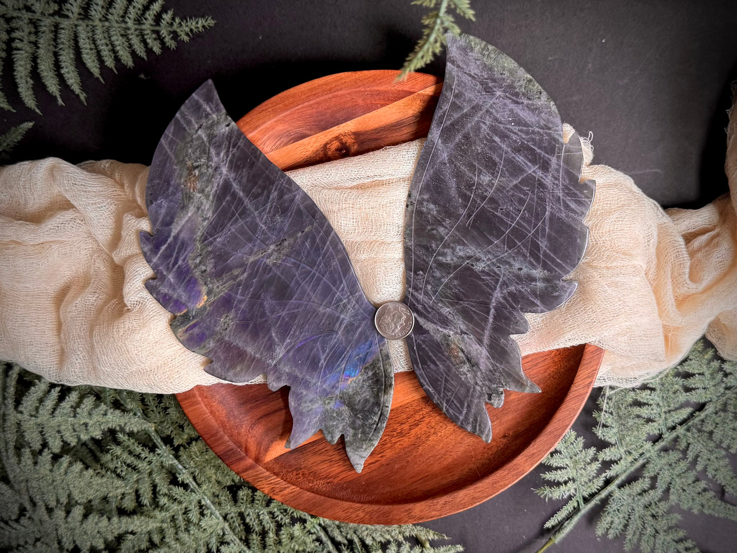 Purple & Blue Flash Labradorite Butterfly Wings on Gold Stand