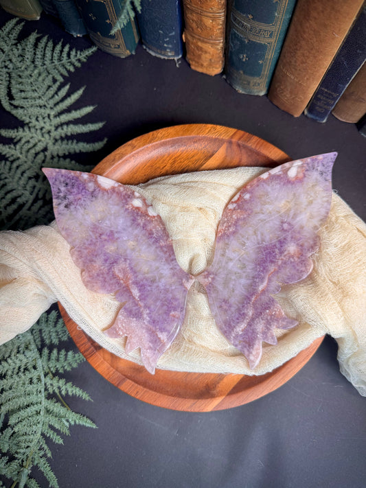 Amethyst Flower Agate Butterfly Wings on Gold Stand