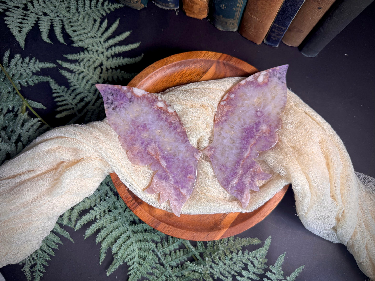 Amethyst Flower Agate Butterfly Wings on Gold Stand