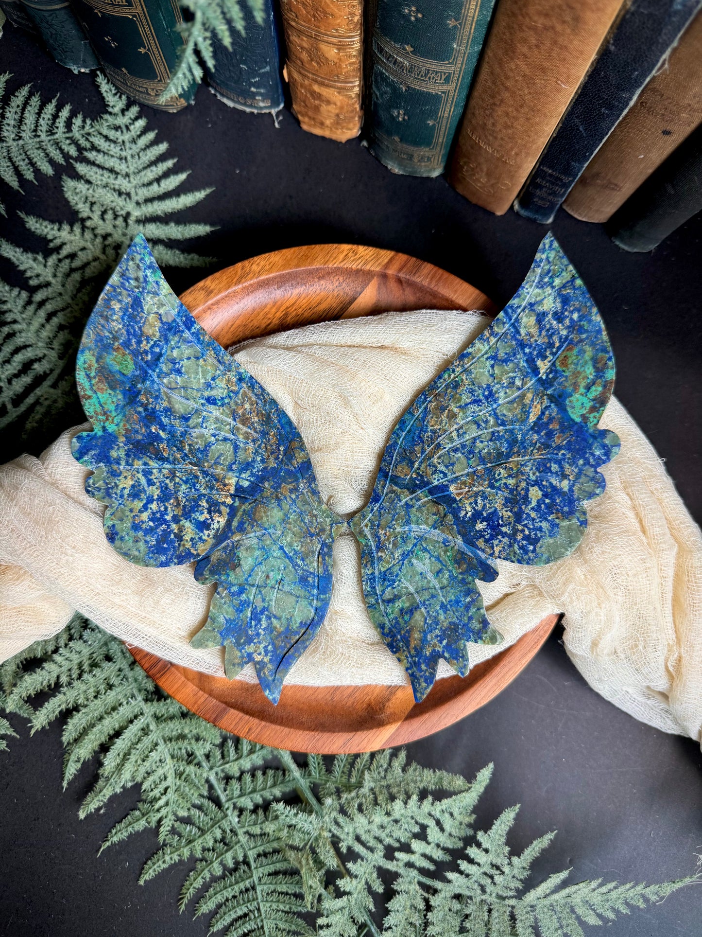 Azurite & Malachite Butterfly Wings on Gold Stand
