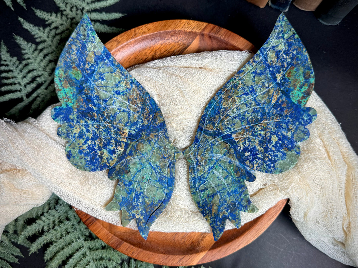 Azurite & Malachite Butterfly Wings on Gold Stand