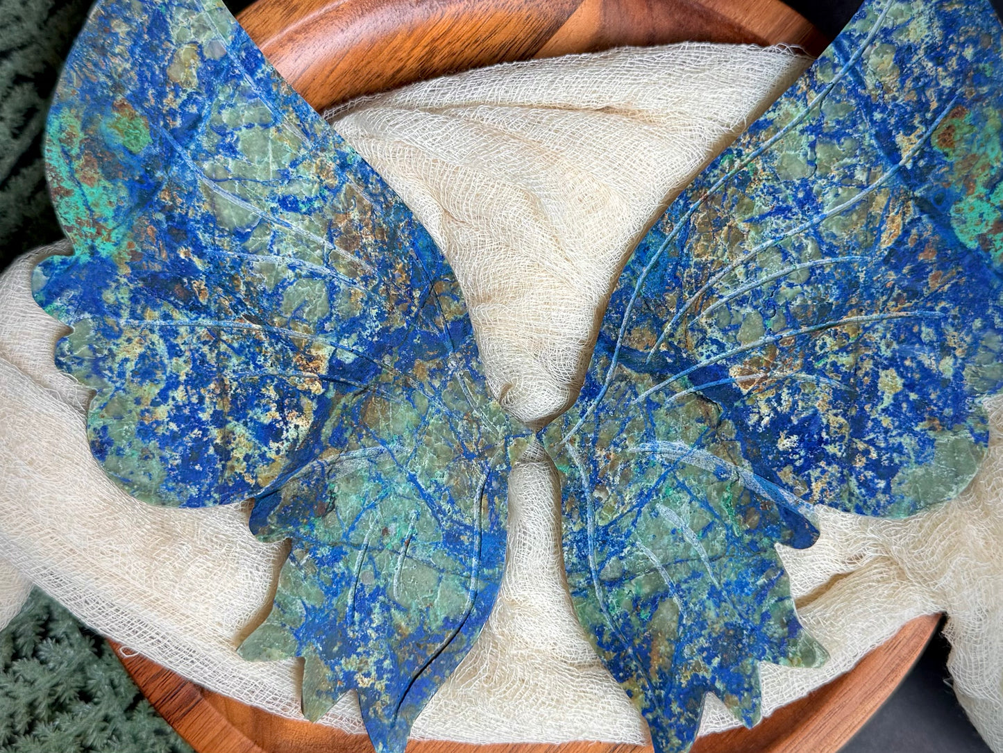 Azurite & Malachite Butterfly Wings on Gold Stand