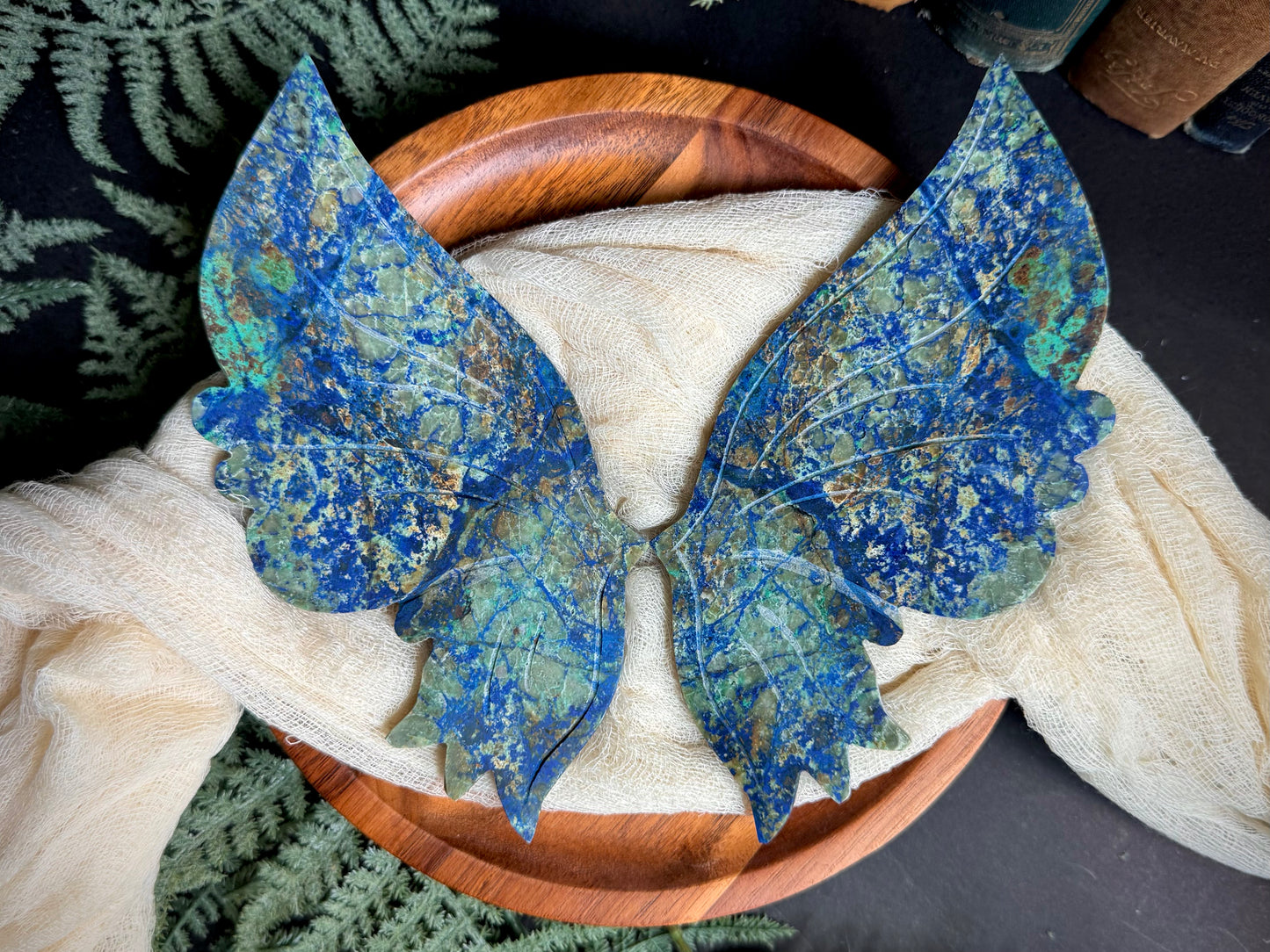 Azurite & Malachite Butterfly Wings on Gold Stand