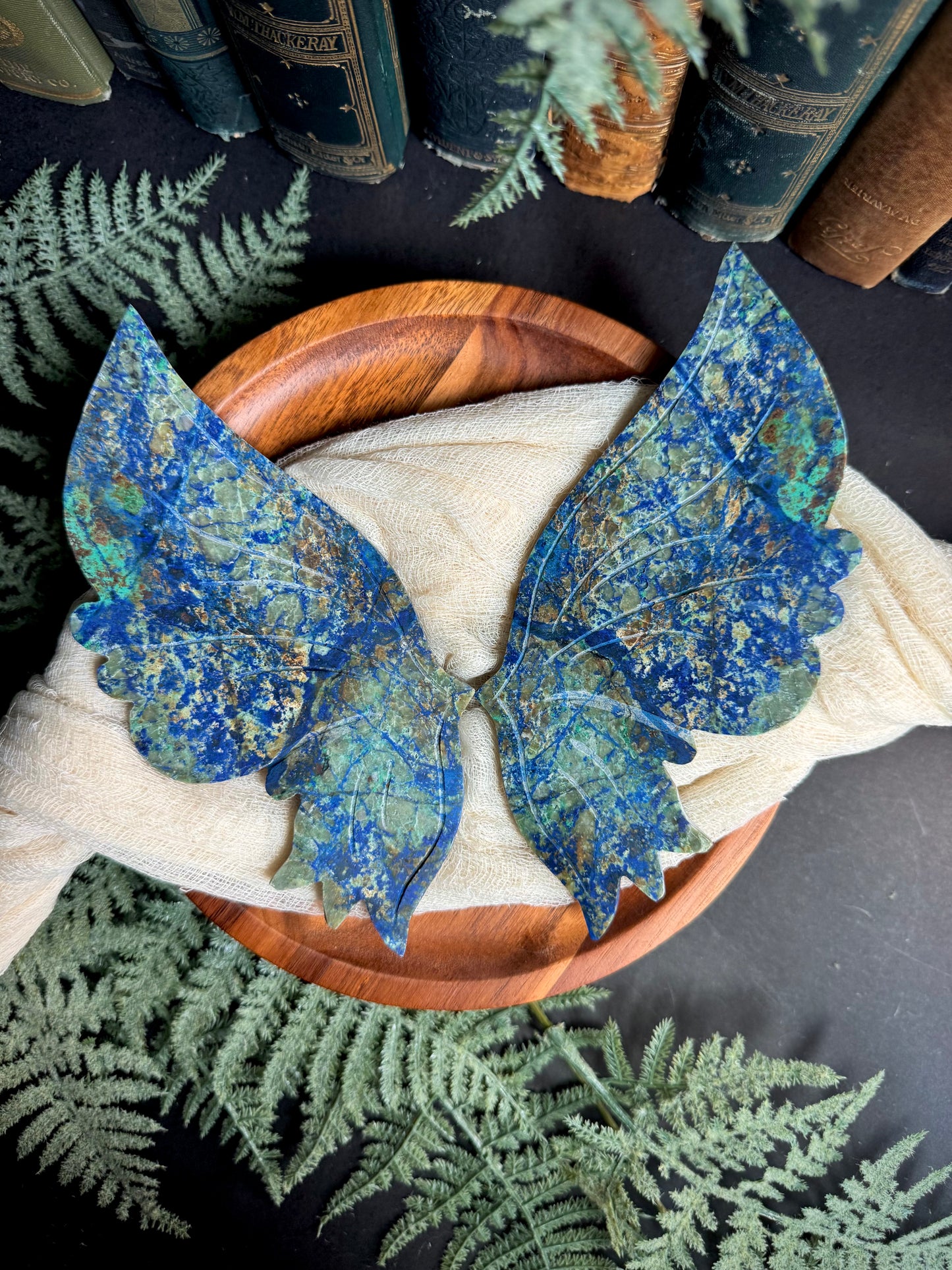 Azurite & Malachite Butterfly Wings on Gold Stand