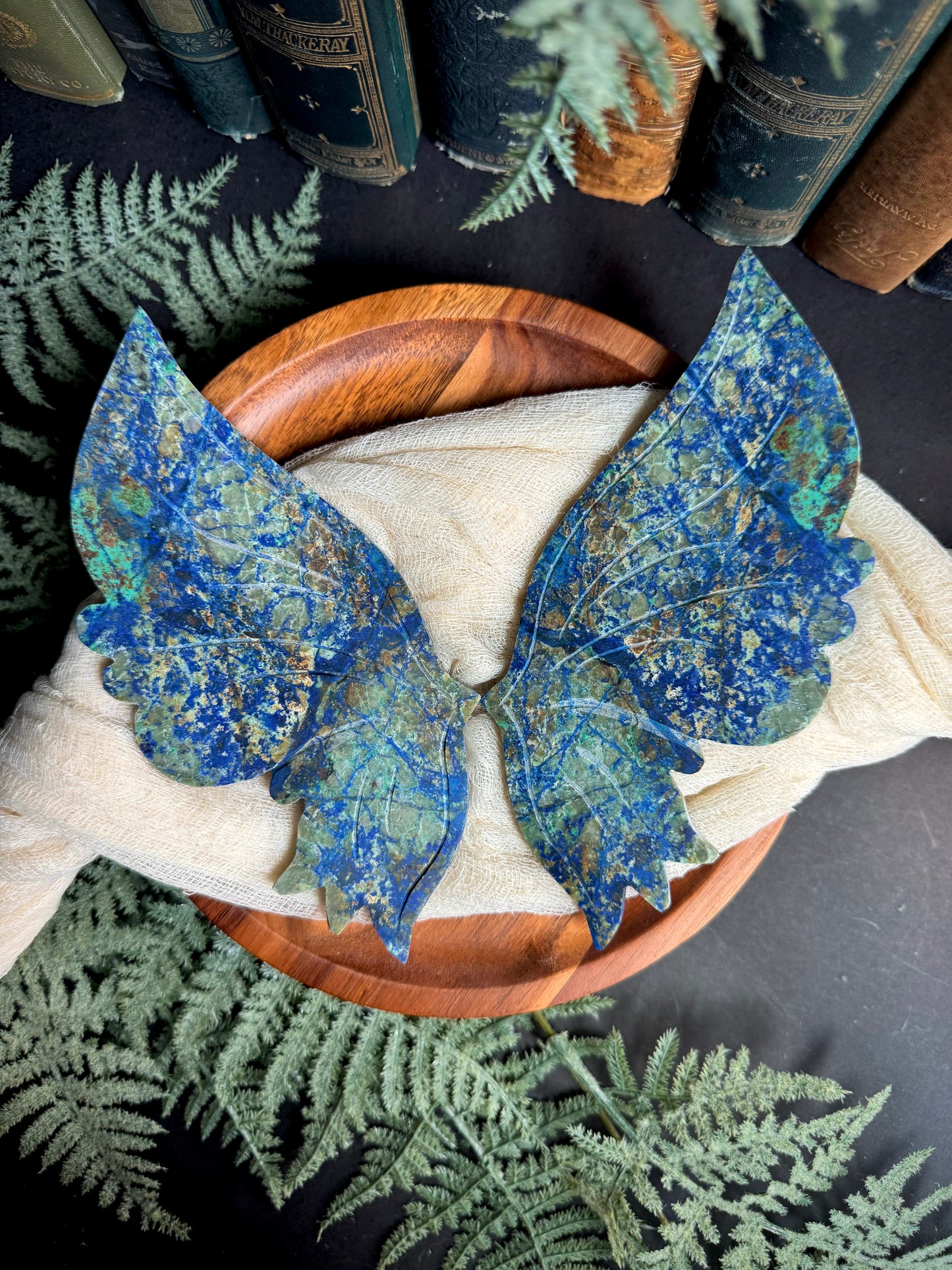Azurite & Malachite Butterfly Wings on Gold Stand