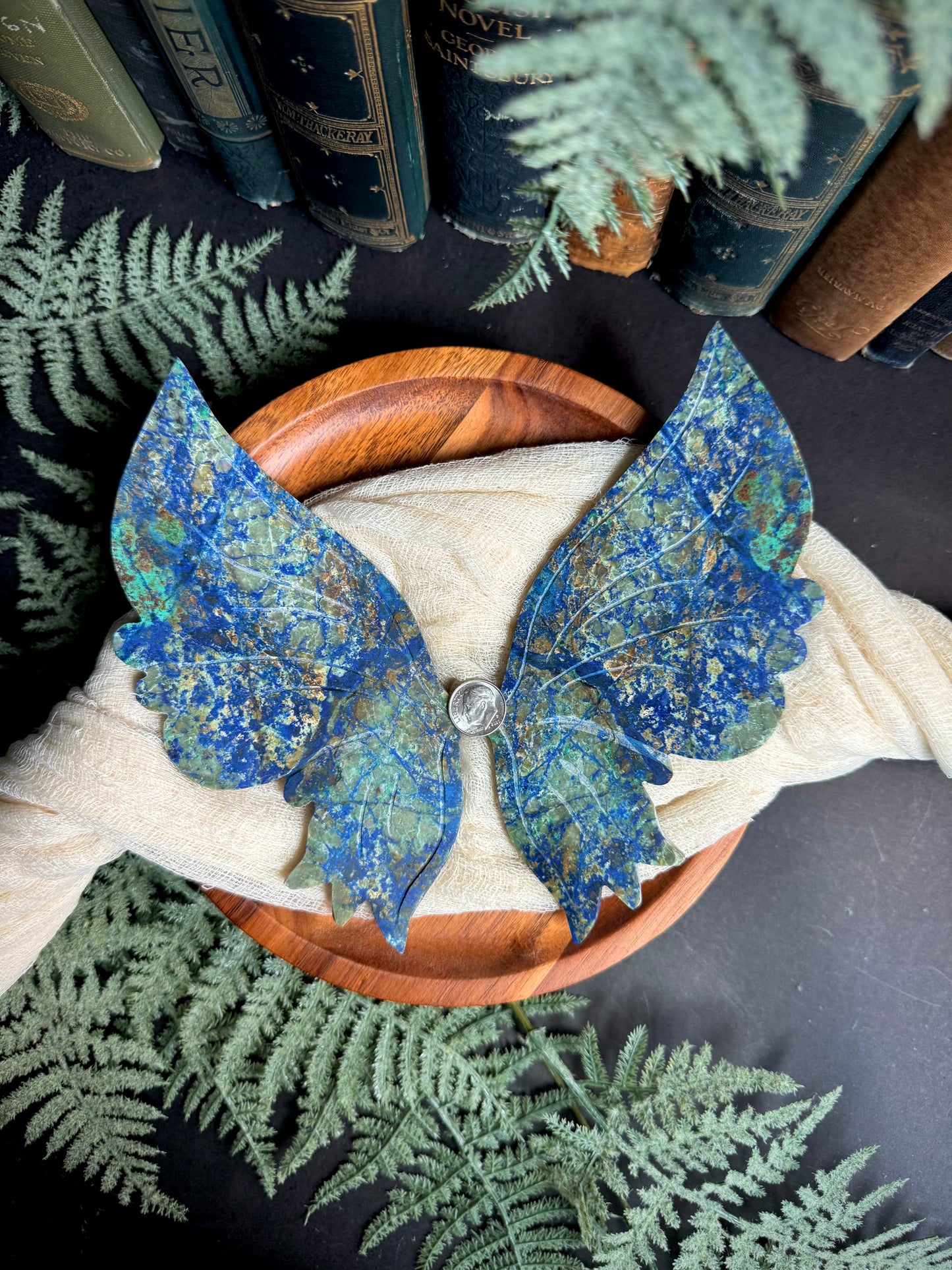 Azurite & Malachite Butterfly Wings on Gold Stand