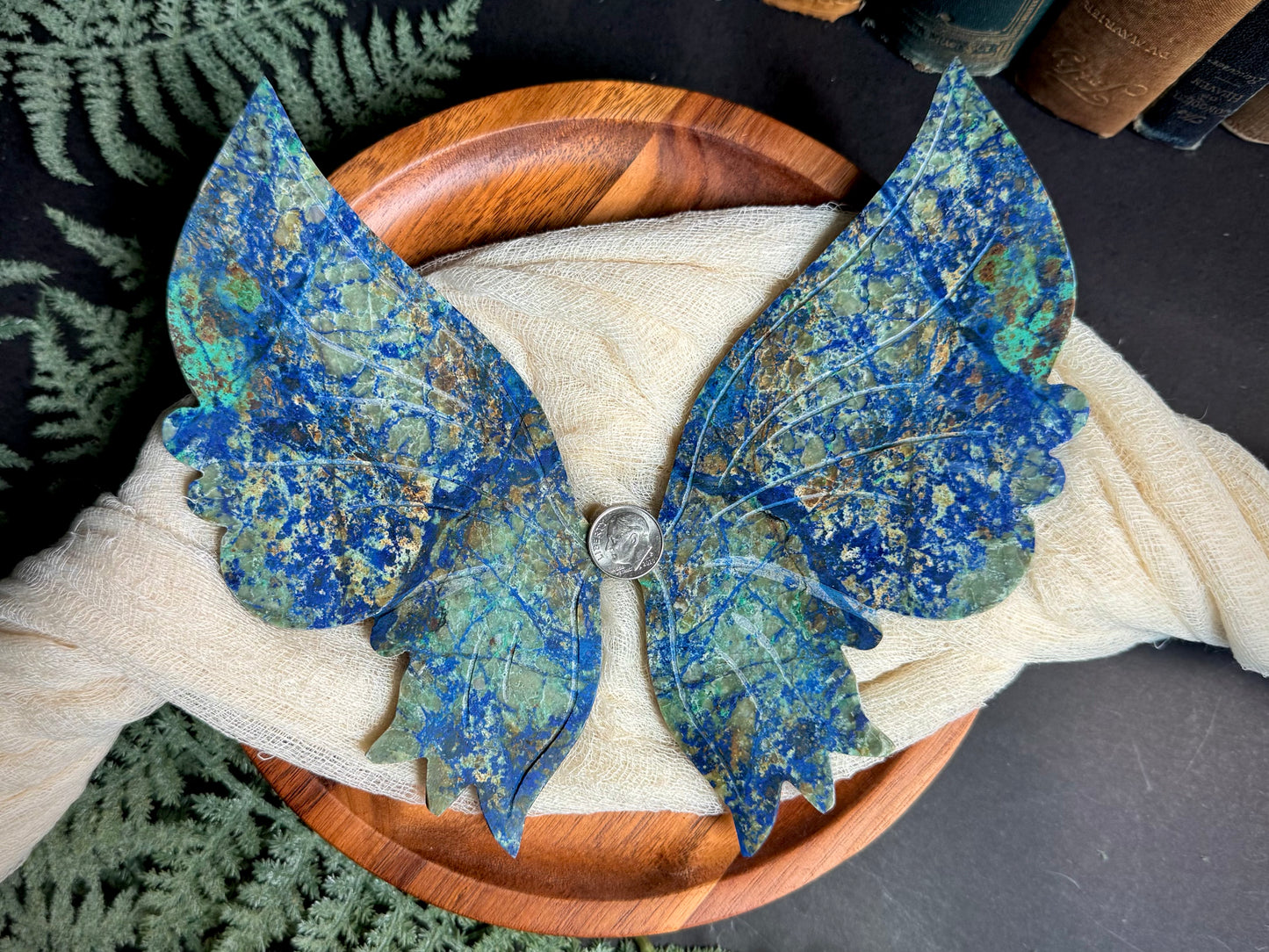 Azurite & Malachite Butterfly Wings on Gold Stand