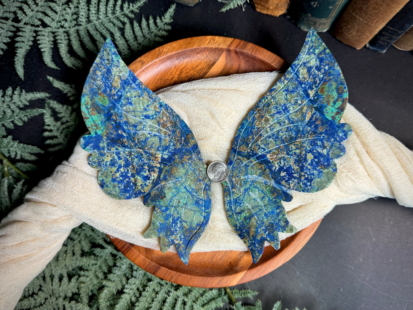 Azurite & Malachite Butterfly Wings on Gold Stand