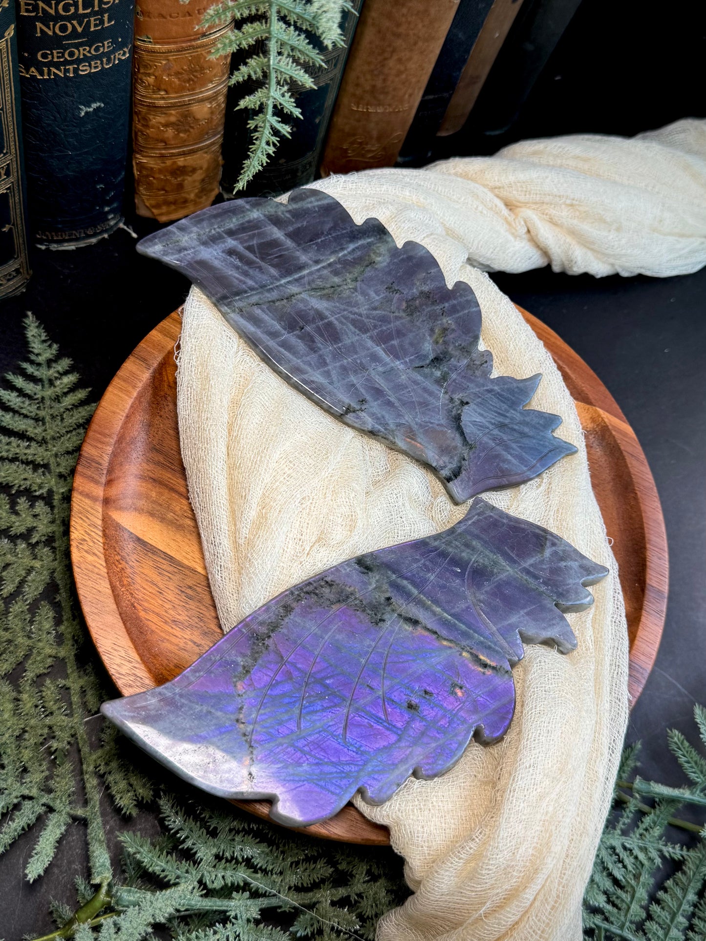 Purple & Pink Flash Labradorite Butterfly Wings on Gold Stand