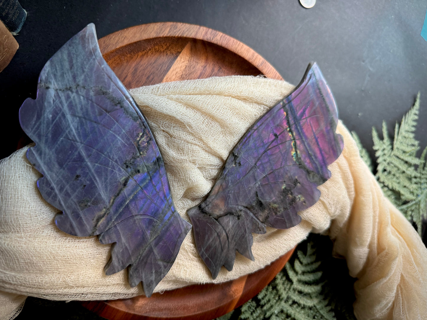 Purple & Pink Flash Labradorite Butterfly Wings on Gold Stand