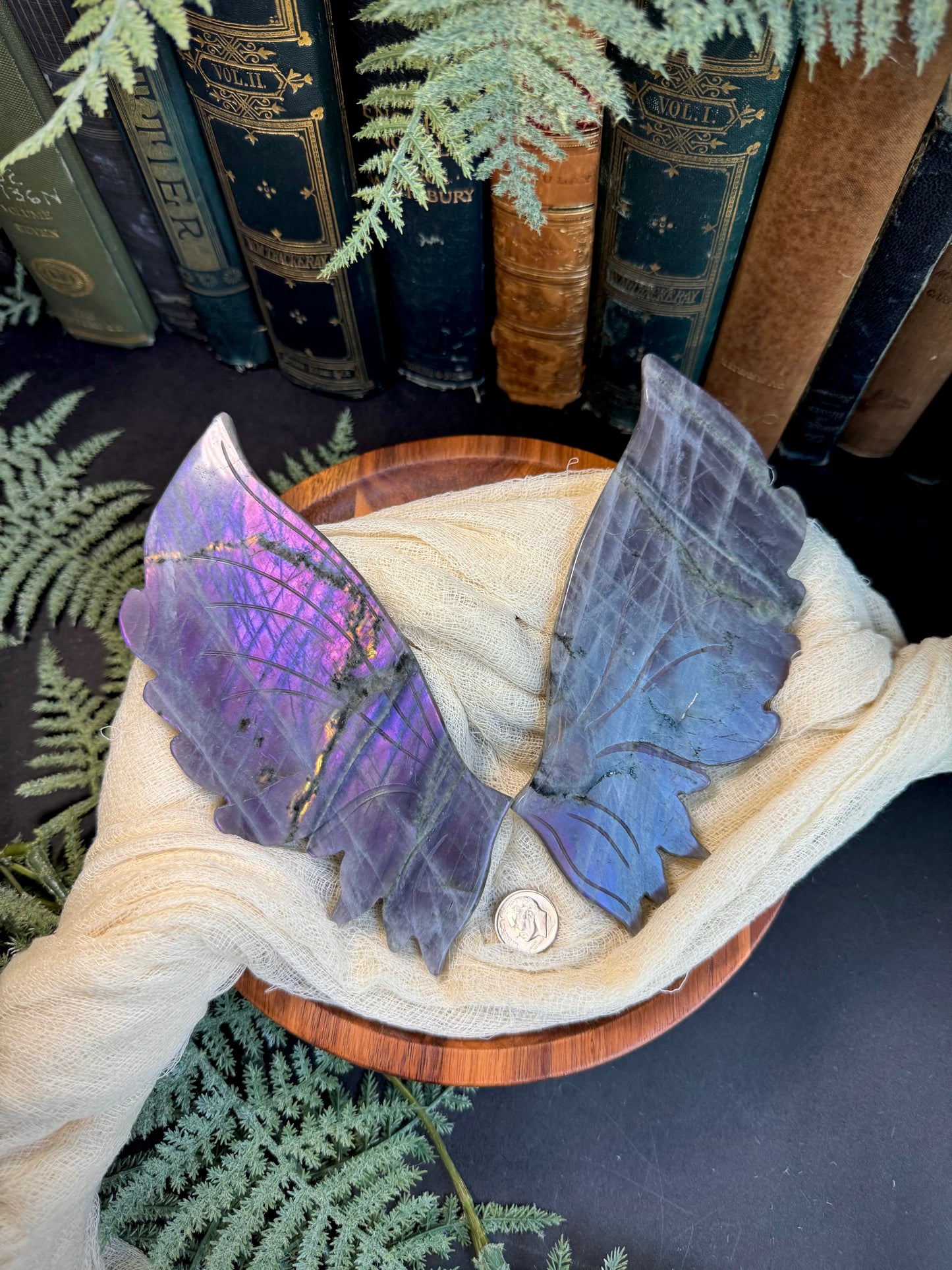 Purple & Pink Flash Labradorite Butterfly Wings on Gold Stand