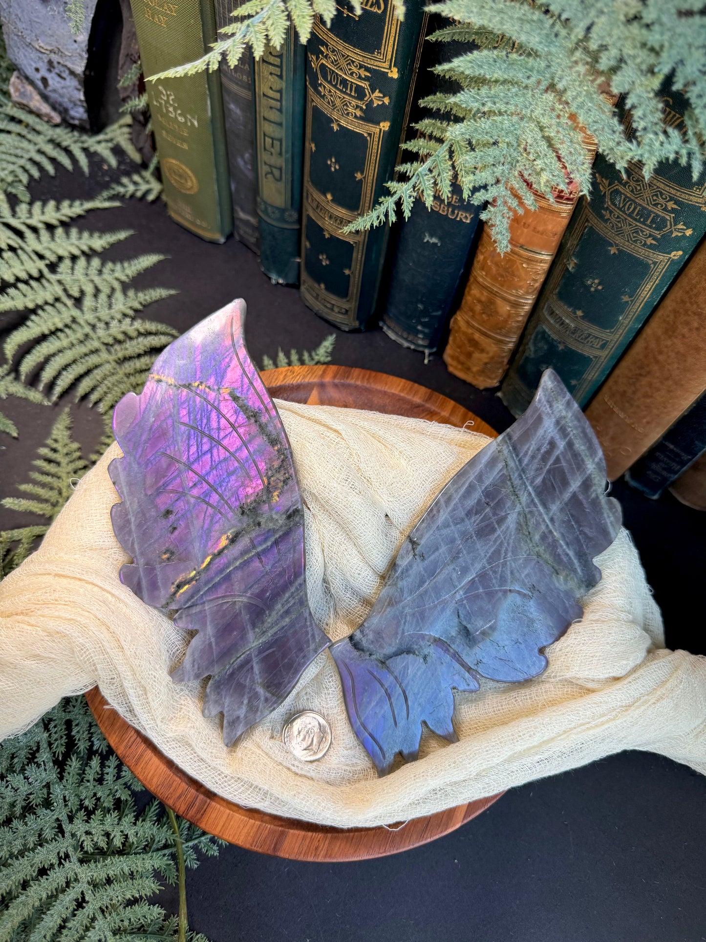 Purple & Pink Flash Labradorite Butterfly Wings on Gold Stand