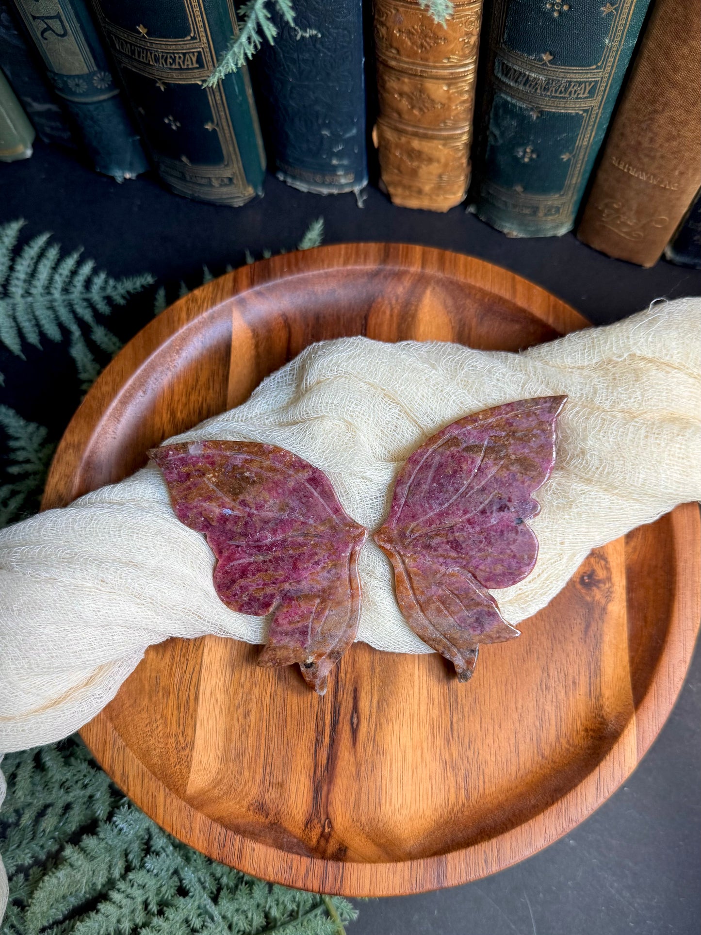 Icy Rhodonite With Golden Healer Butterfky Wings on Gold Stand