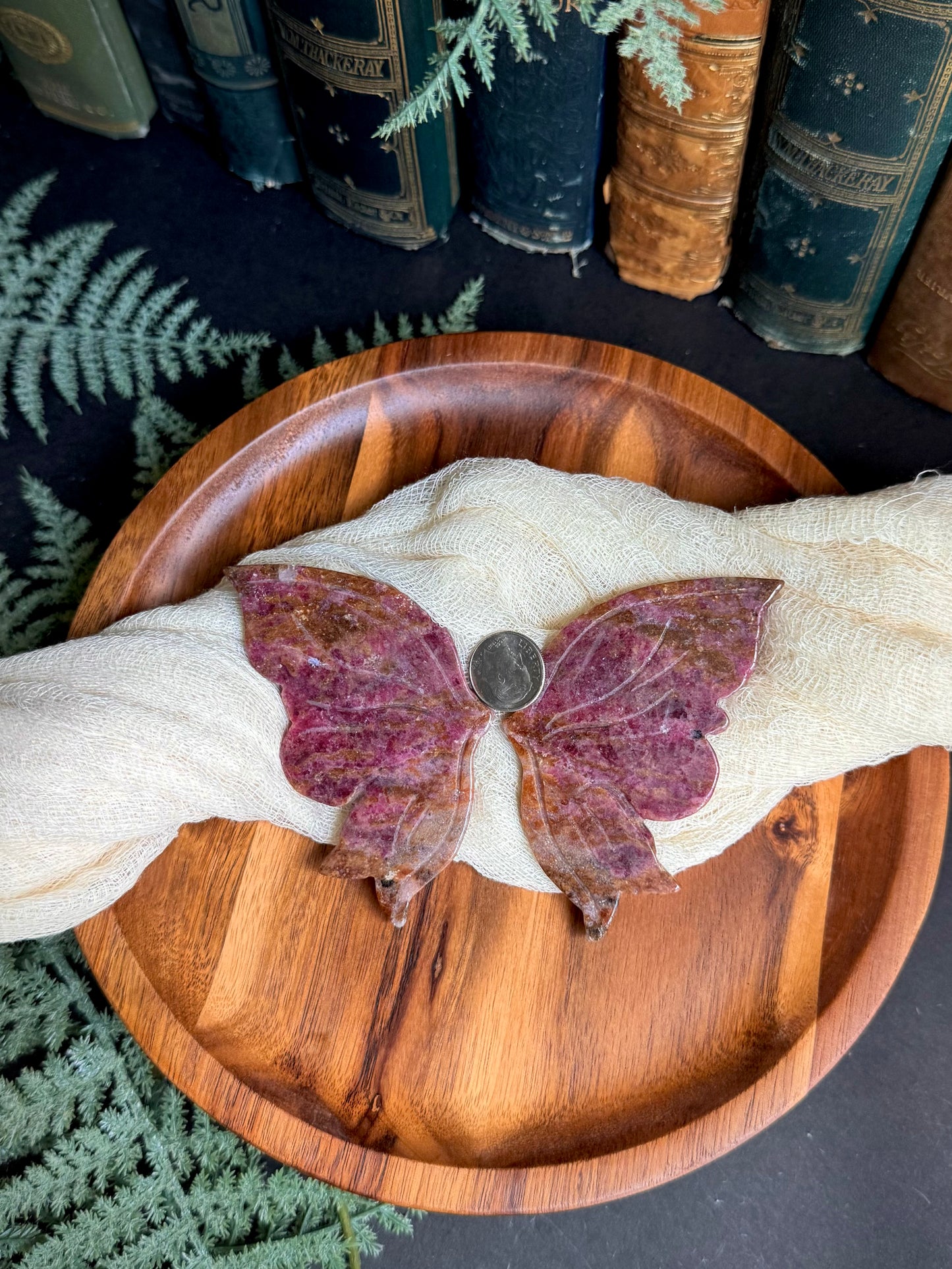 Icy Rhodonite With Golden Healer Butterfky Wings on Gold Stand