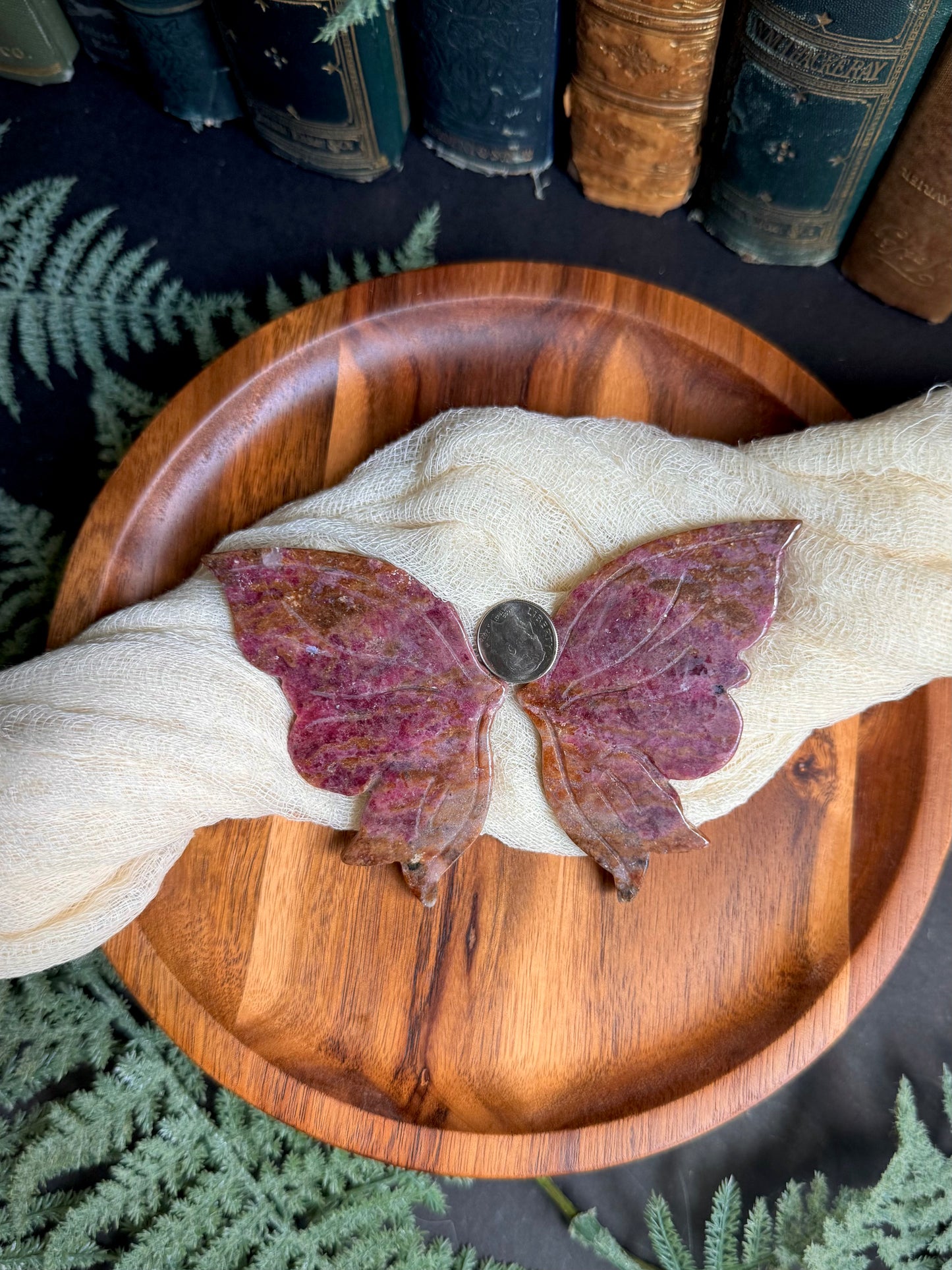 Icy Rhodonite With Golden Healer Butterfky Wings on Gold Stand