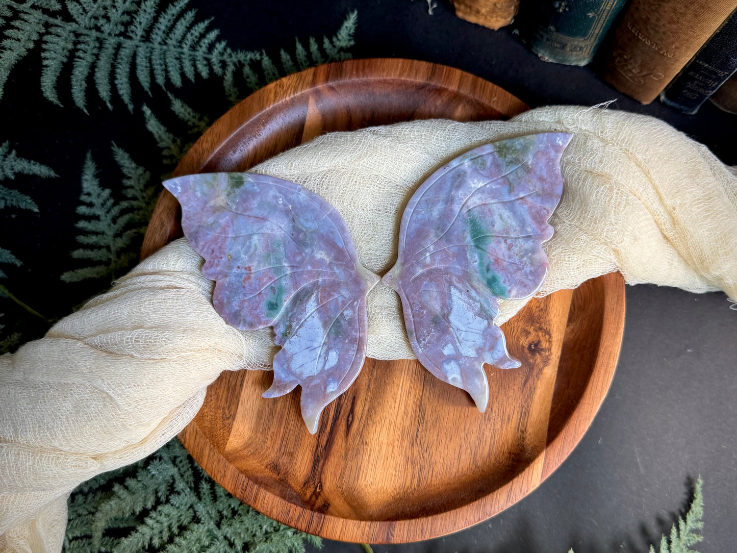 Lilac Sea Jasper Butterfly Wings on Gold Stand