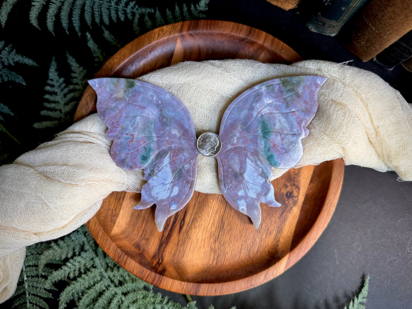 Lilac Sea Jasper Butterfly Wings on Gold Stand