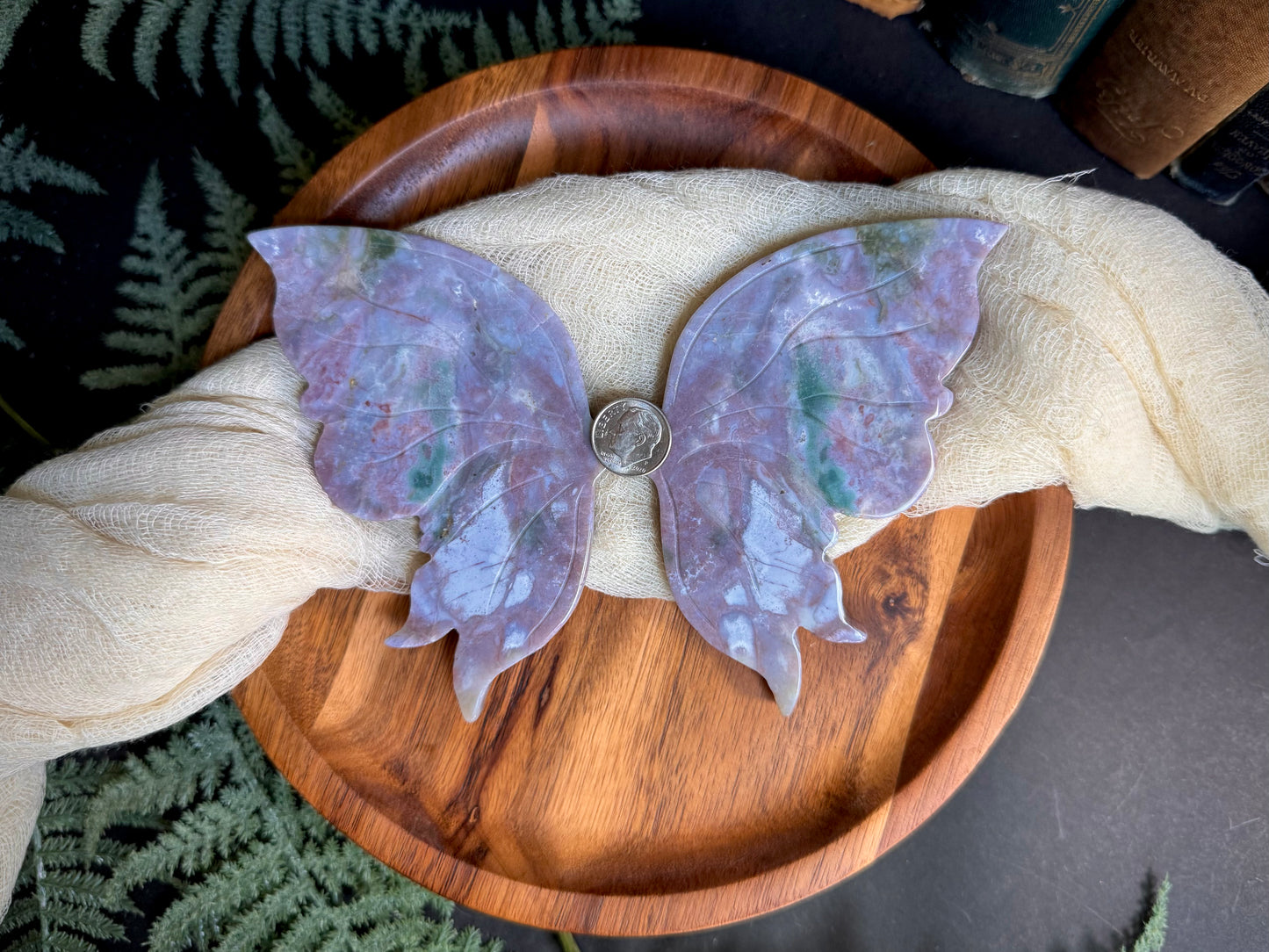 Lilac Sea Jasper Butterfly Wings on Gold Stand