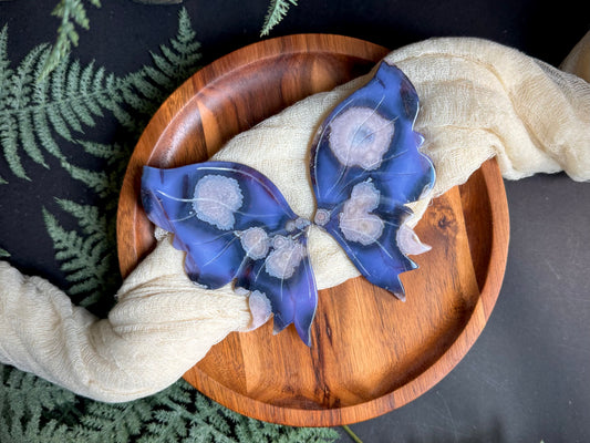 Blue Flower Agate Butterfly Wings on Gold Stand