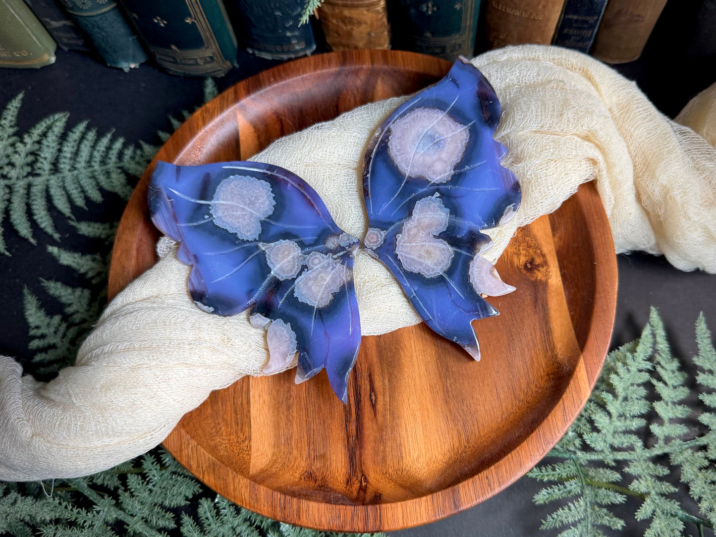 Blue Flower Agate Butterfly Wings on Gold Stand