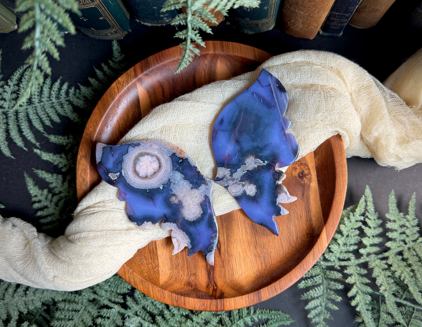 Blue Flower Agate Butterfly Wings on Gold Stand