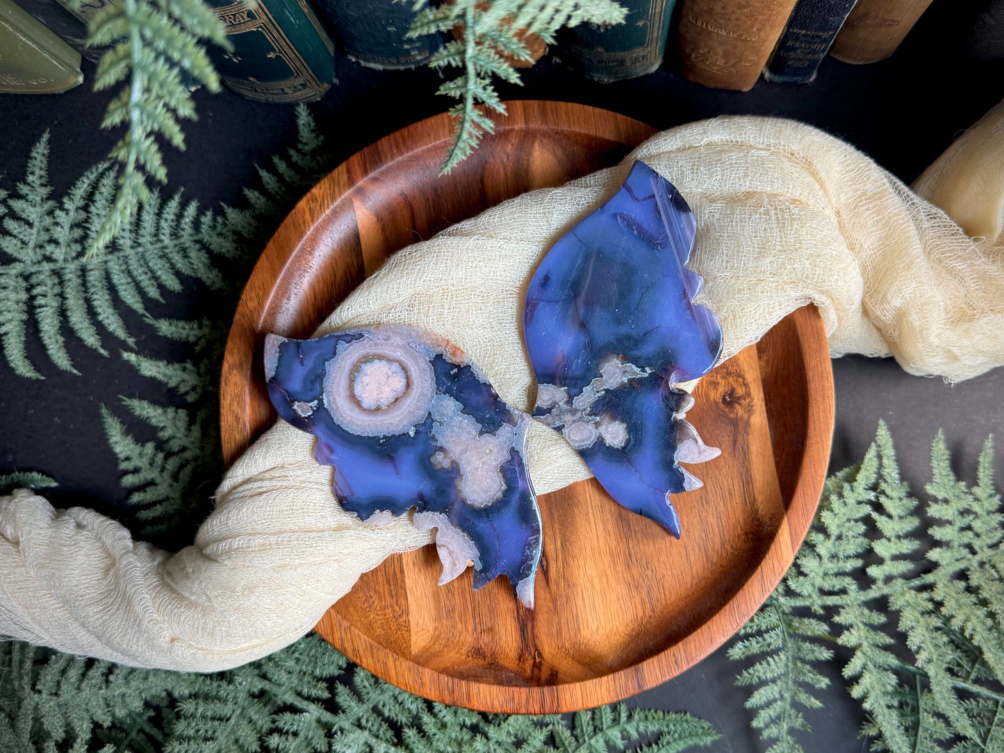 Blue Flower Agate Butterfly Wings on Gold Stand