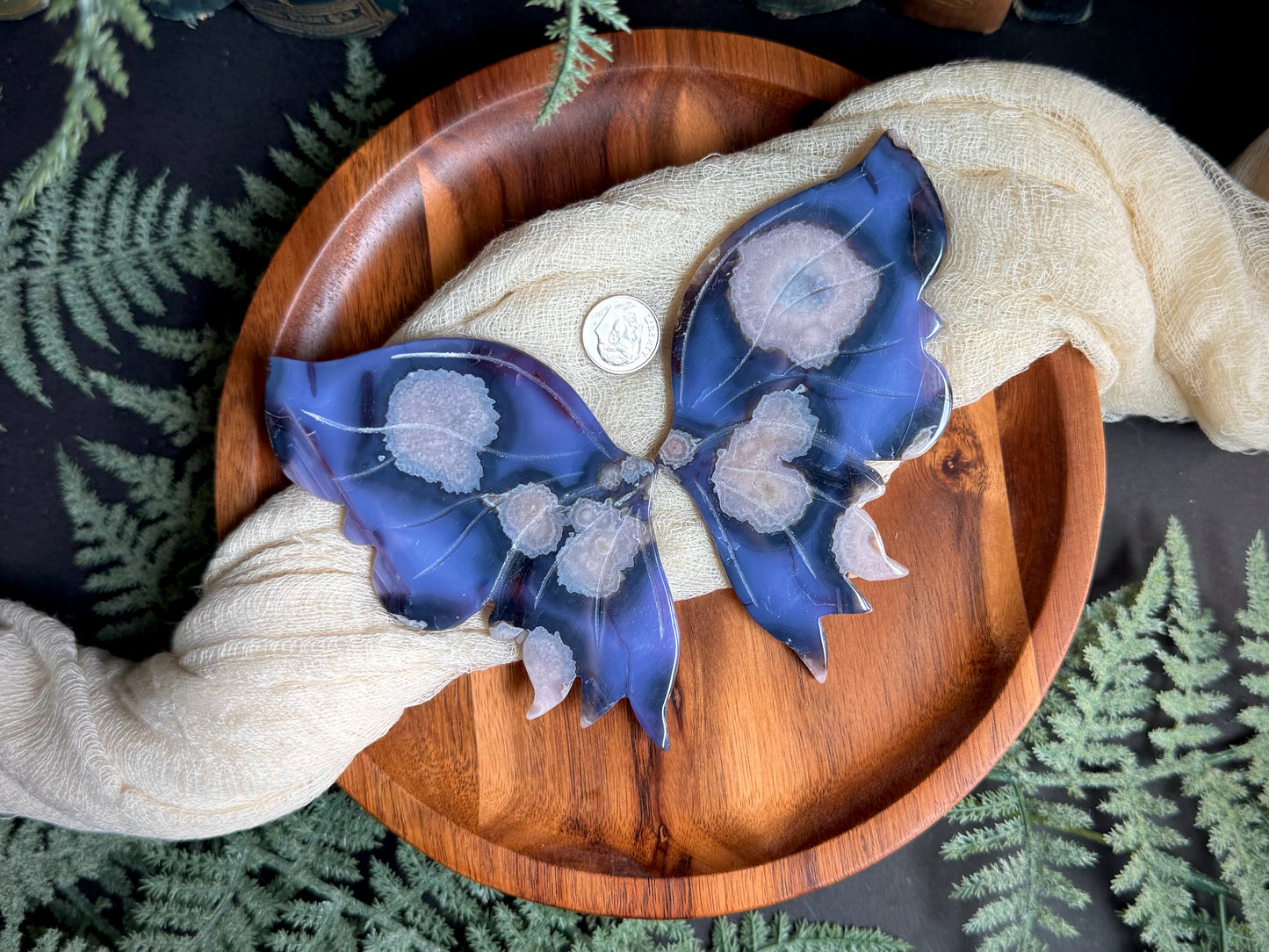 Blue Flower Agate Butterfly Wings on Gold Stand