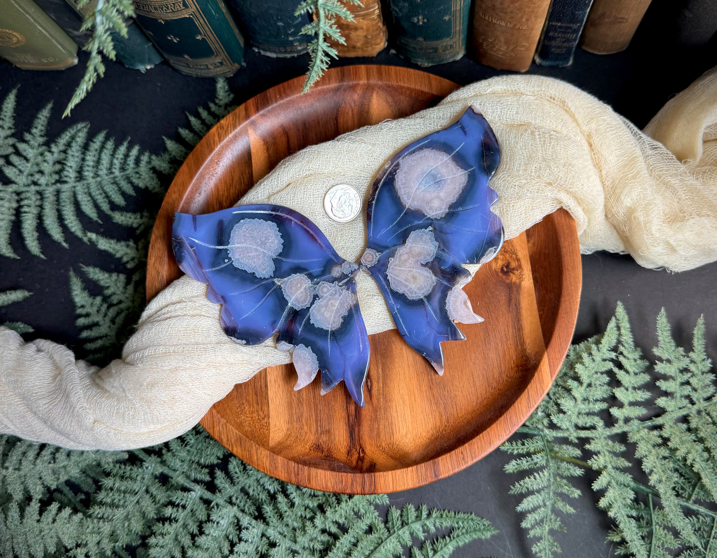 Blue Flower Agate Butterfly Wings on Gold Stand
