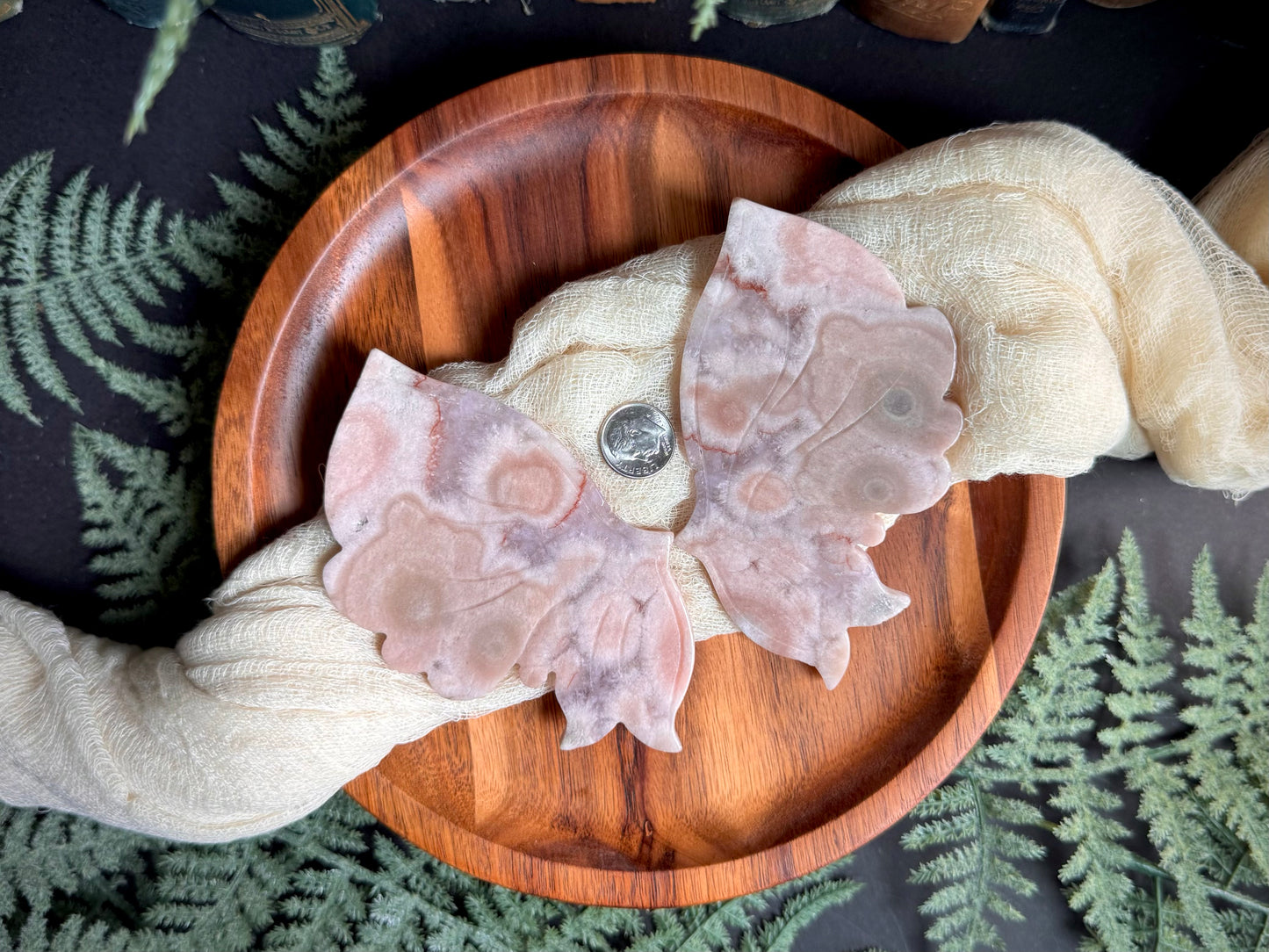 Pink Amethyst Flower Agate Butterfly Wings on Gold Stand