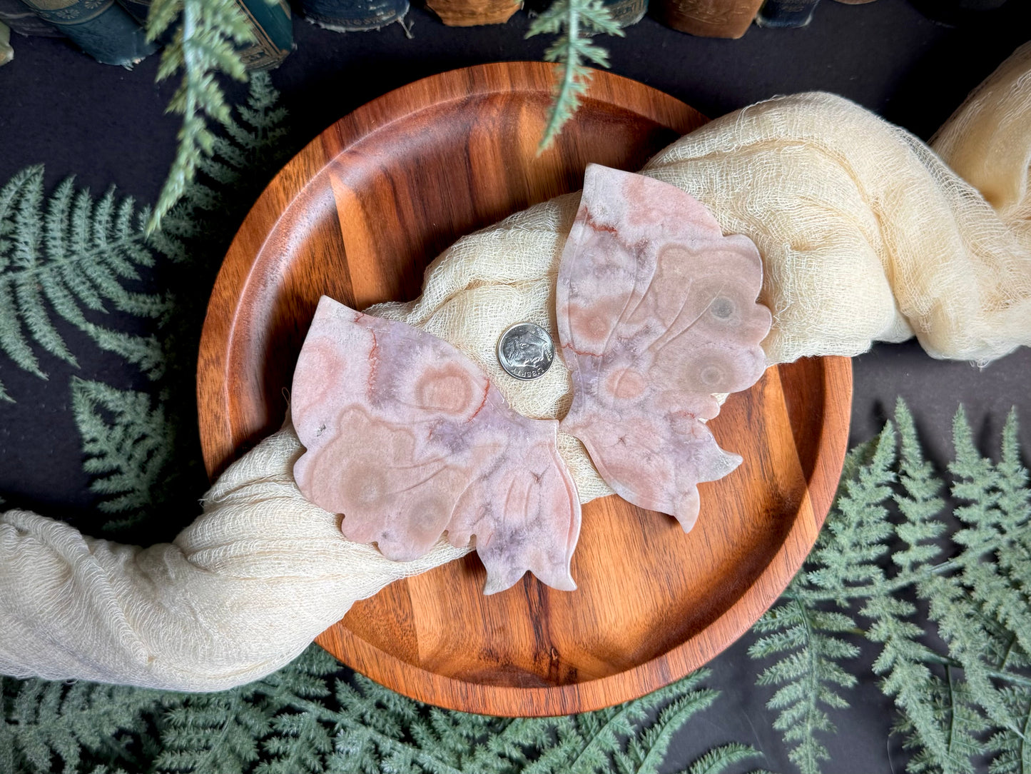 Pink Amethyst Flower Agate Butterfly Wings on Gold Stand
