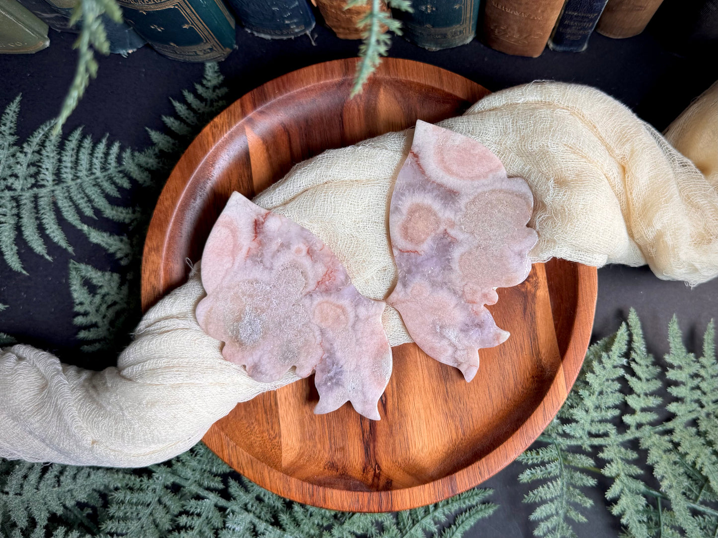 Pink Amethyst Flower Agate Butterfly Wings on Gold Stand