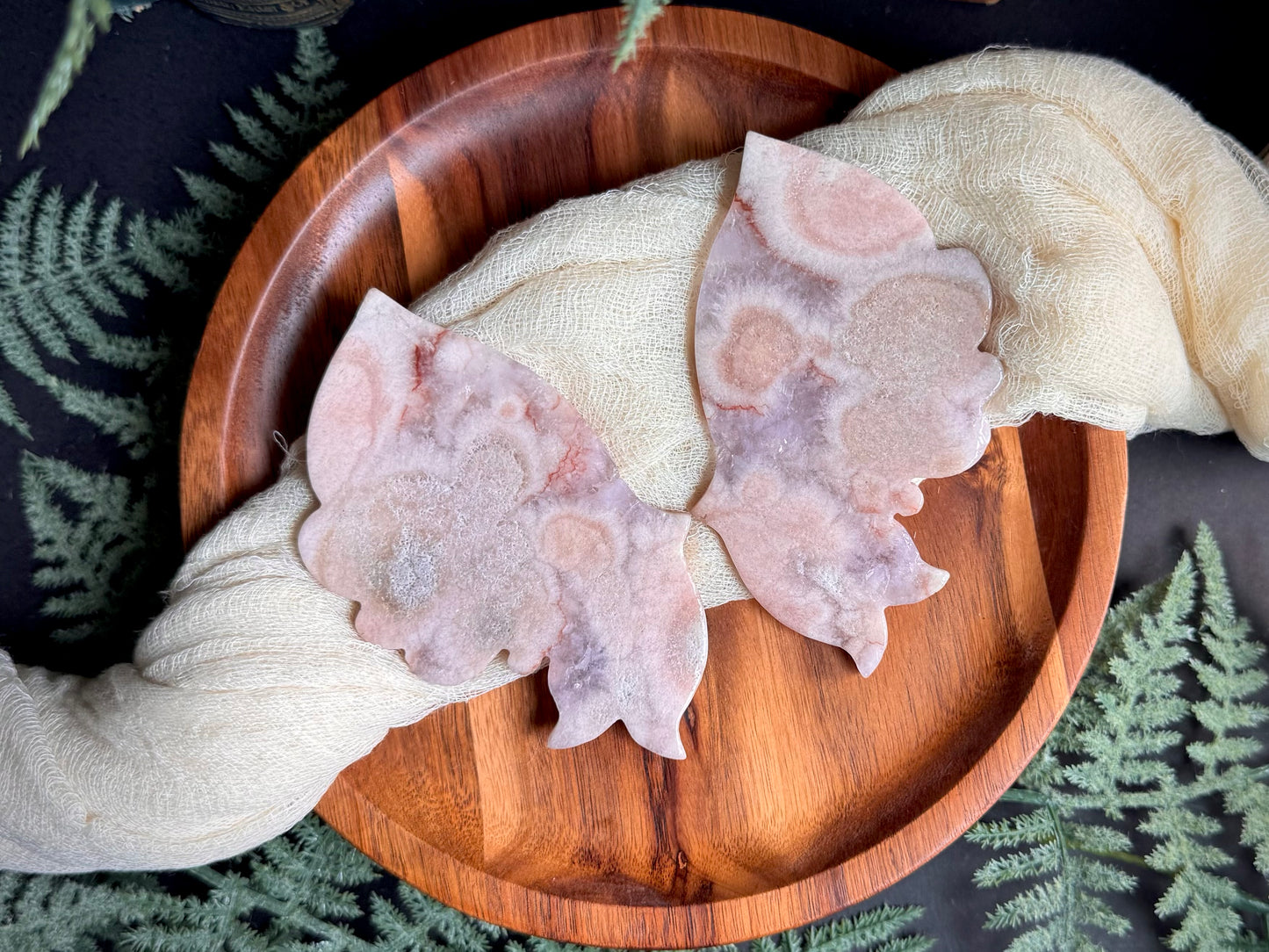 Pink Amethyst Flower Agate Butterfly Wings on Gold Stand