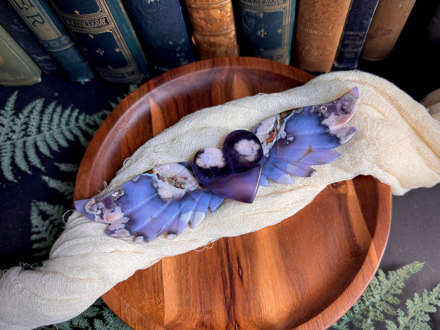 Blue & Black Flower Agate Love Wings on Black Stand