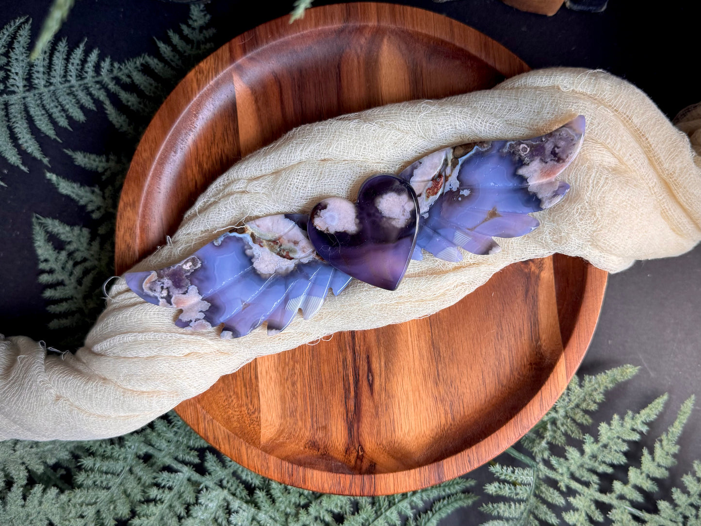 Blue & Black Flower Agate Love Wings on Black Stand