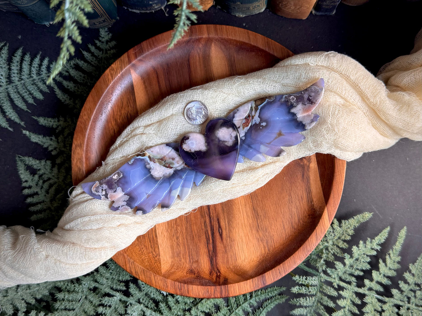 Blue & Black Flower Agate Love Wings on Black Stand
