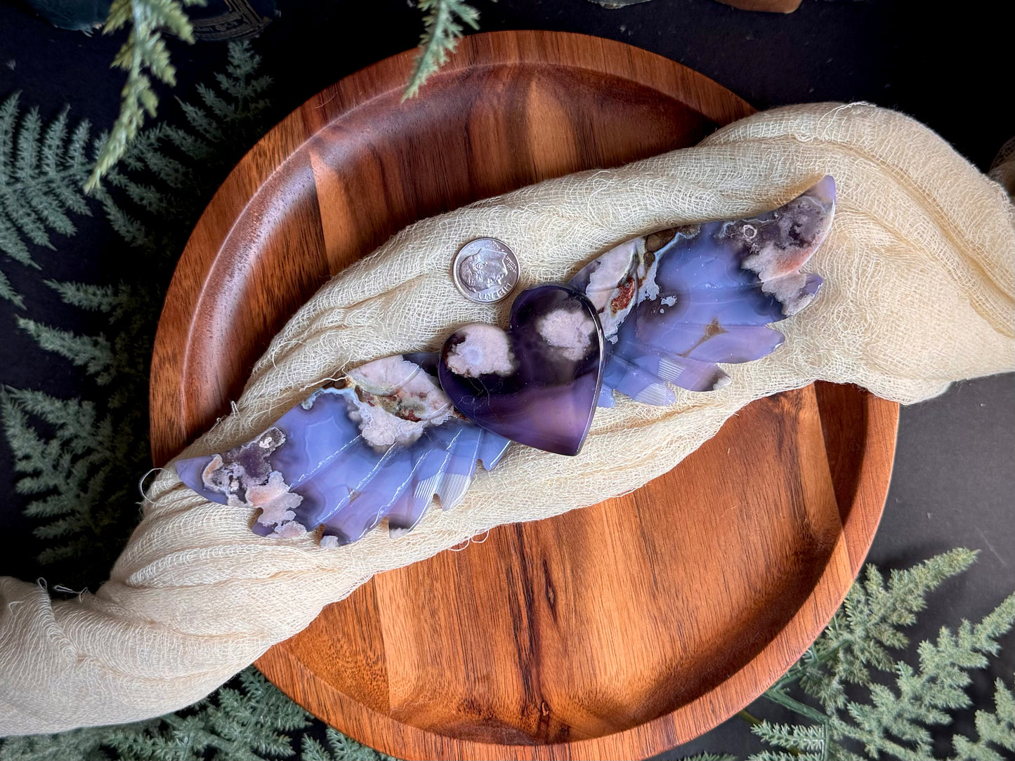 Blue & Black Flower Agate Love Wings on Black Stand