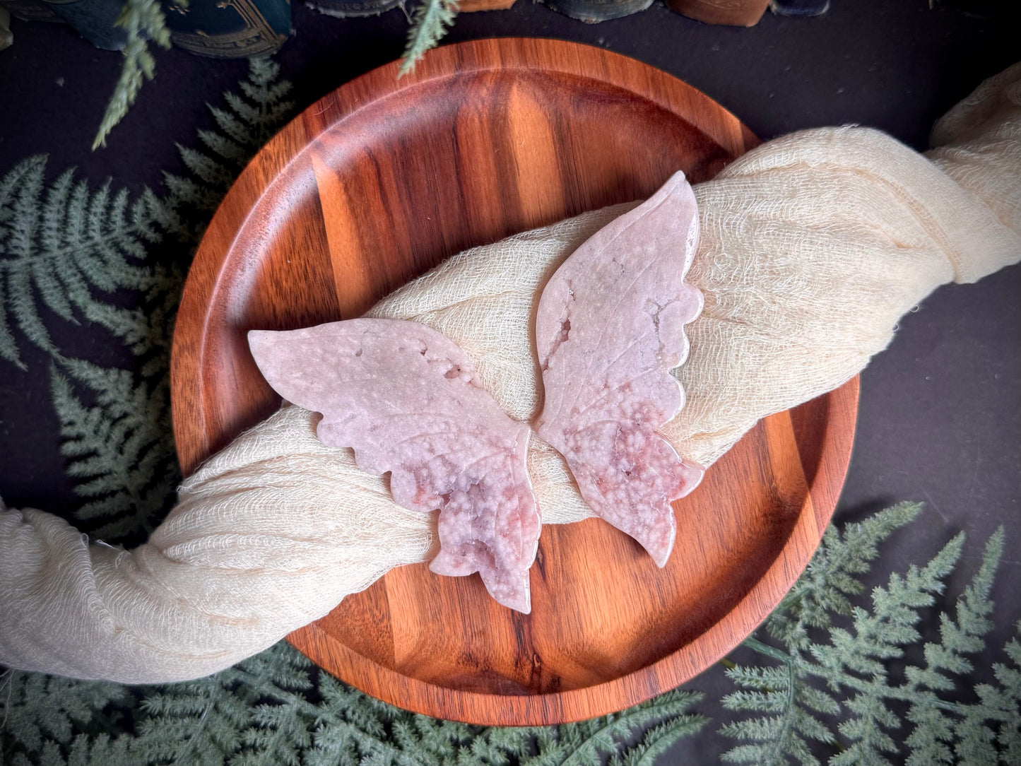 Pink Amethyst Flower Agate Butterfly Wings on Gold Stand