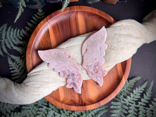 Pink Amethyst Flower Agate Butterfly Wings on Gold Stand