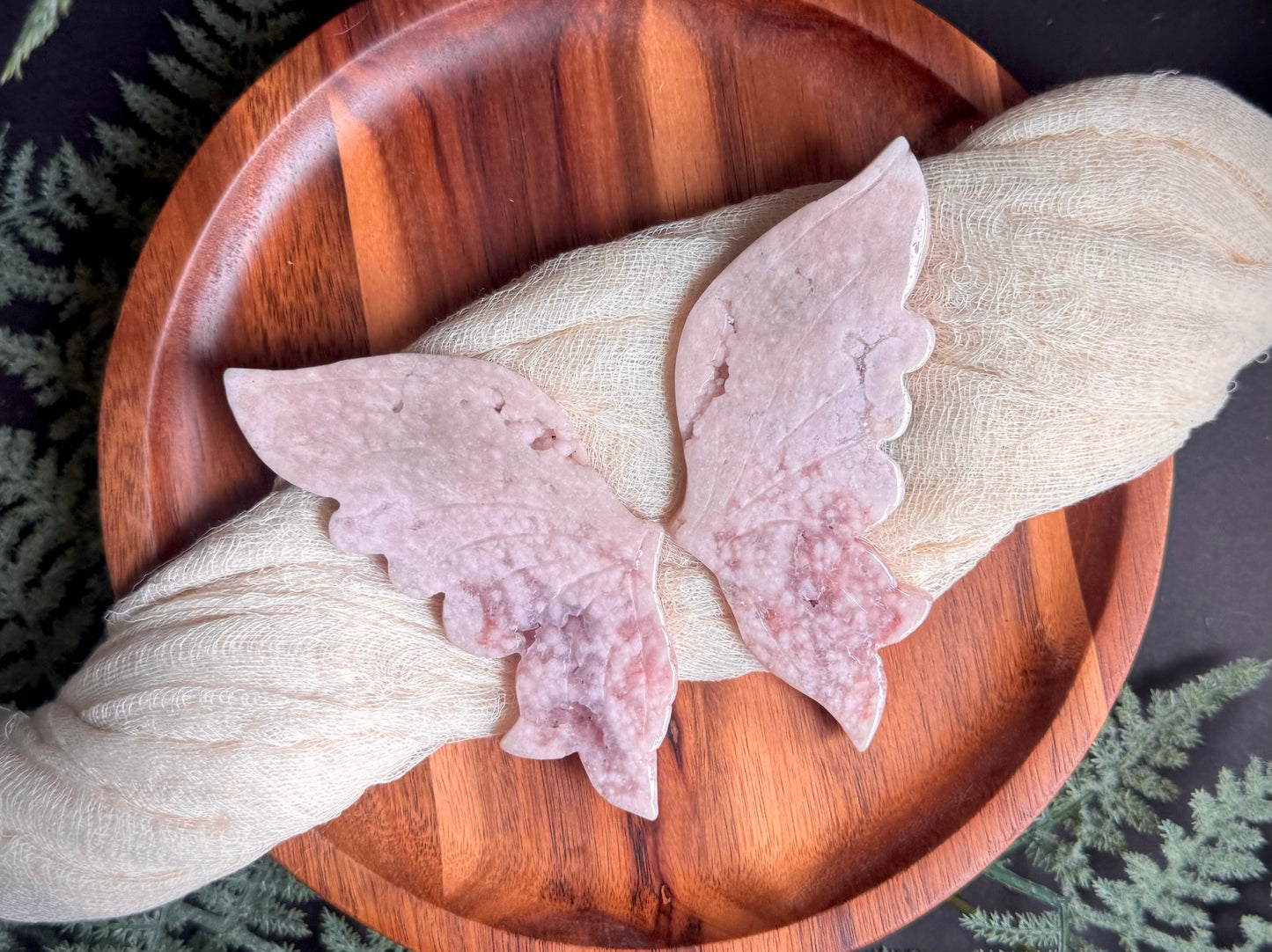 Pink Amethyst Flower Agate Butterfly Wings on Gold Stand