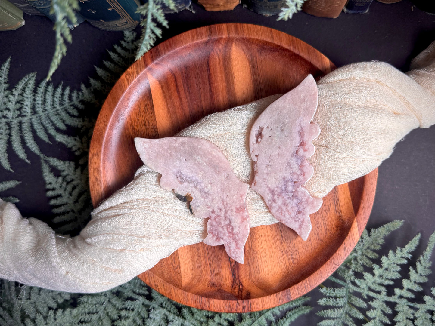 Pink Amethyst Flower Agate Butterfly Wings on Gold Stand