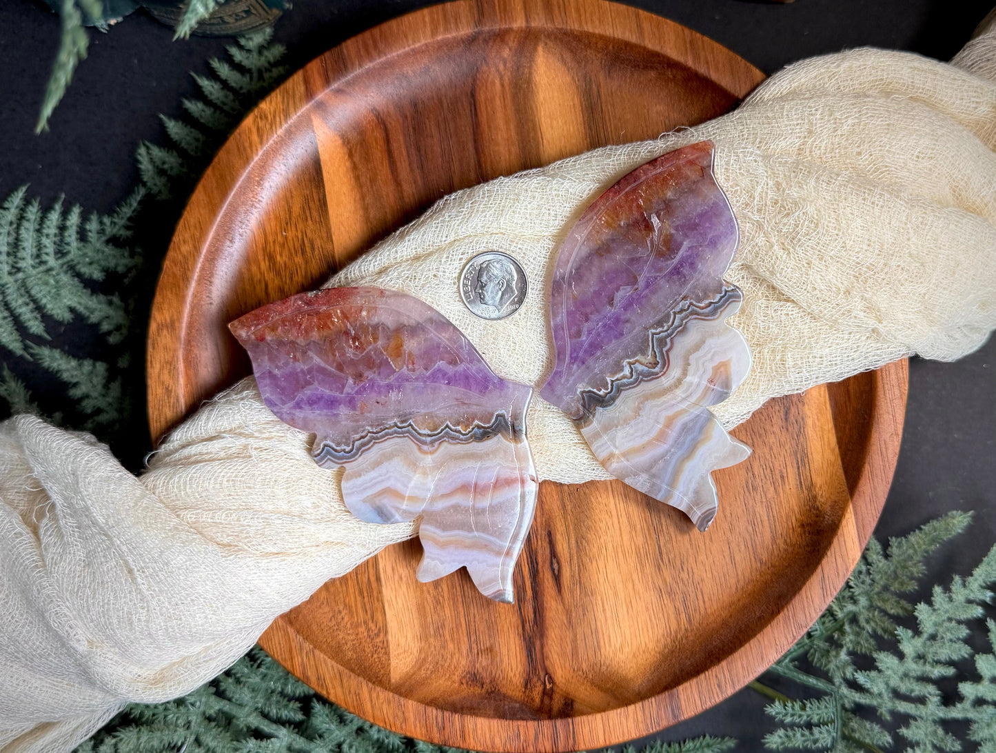 Amethyst Mexican Crazy Lace With Fire Quartz Tips Butterfly Wings on Gold Stand