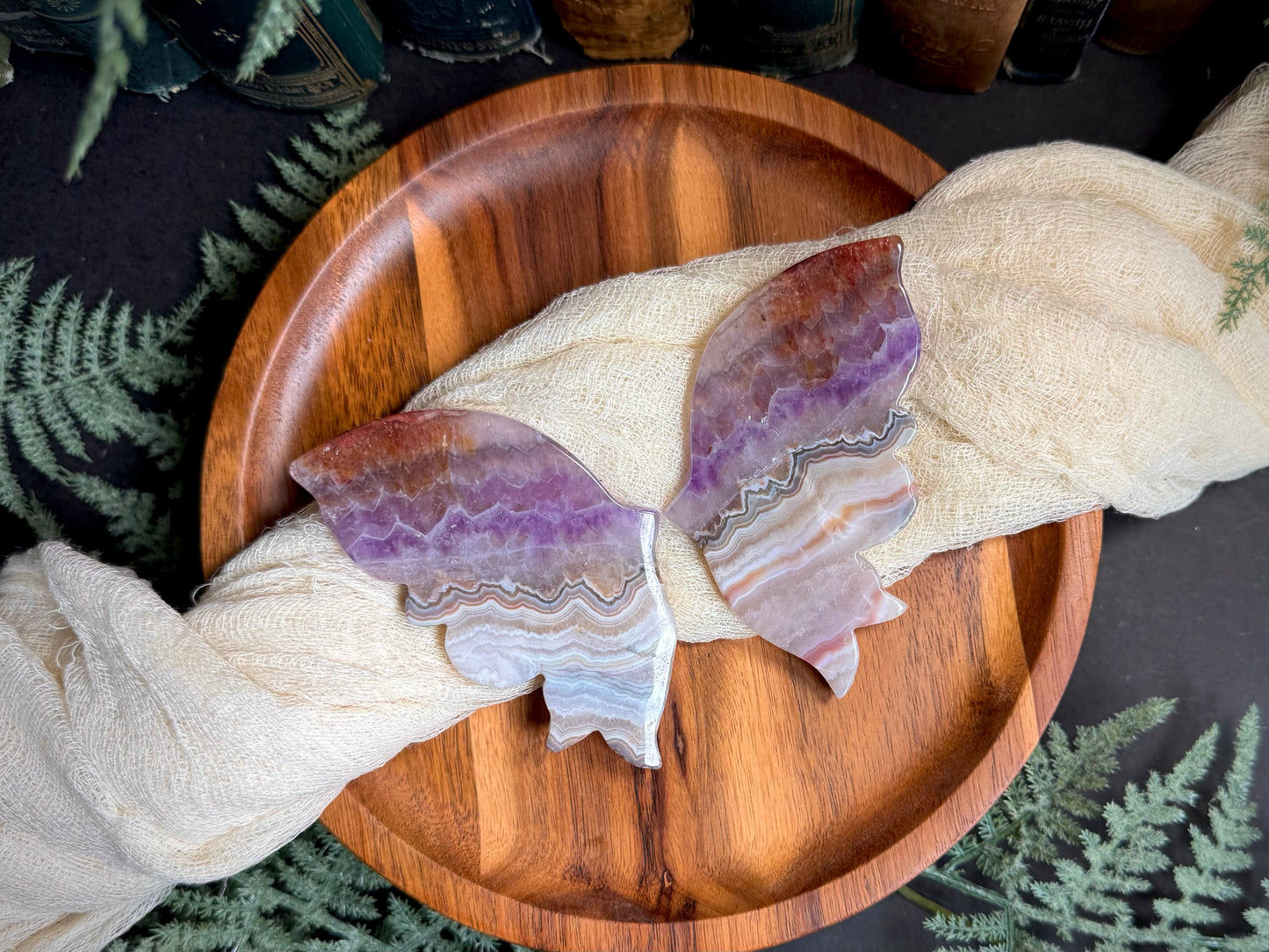 Amethyst Mexican Crazy Lace With Fire Quartz Tips Butterfly Wings on Gold Stand