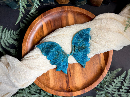 Blue Apatite With Smoky Quartz Butterfly Wings on Gold Stand