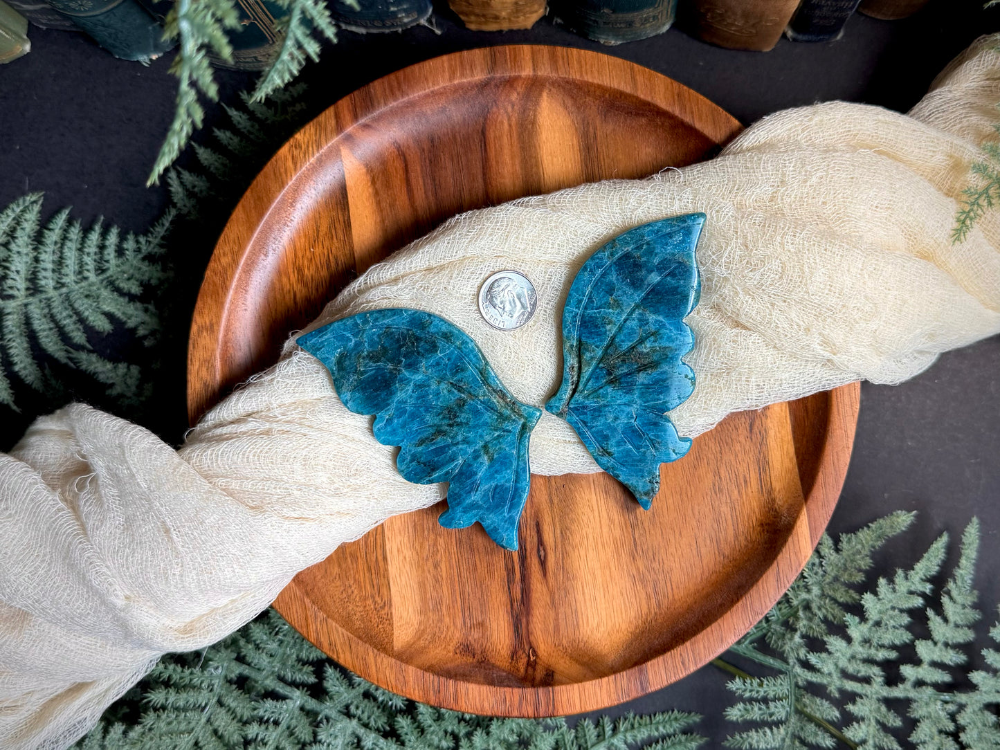 Blue Apatite With Smoky Quartz Butterfly Wings on Gold Stand