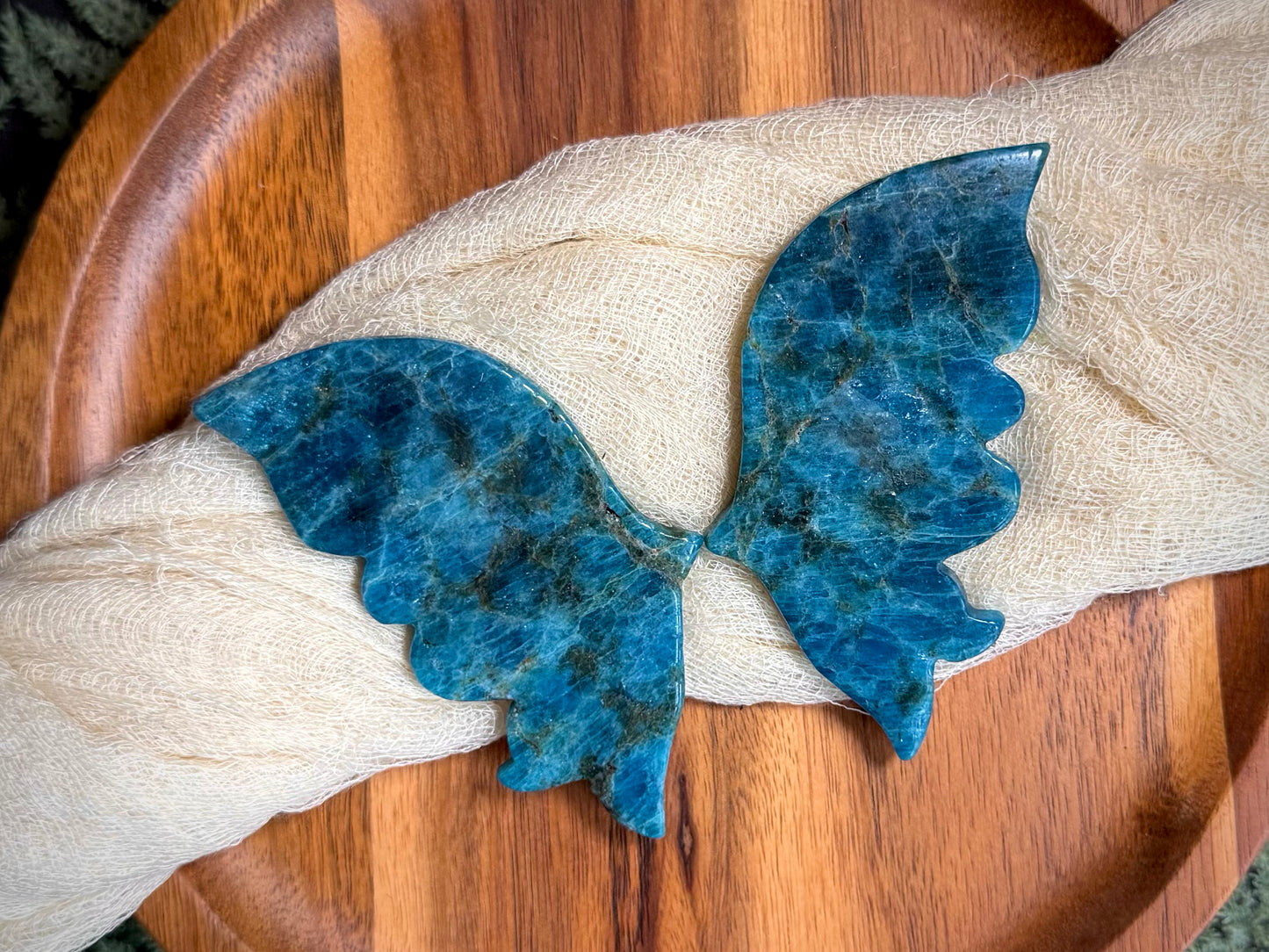 Blue Apatite With Smoky Quartz Butterfly Wings on Gold Stand