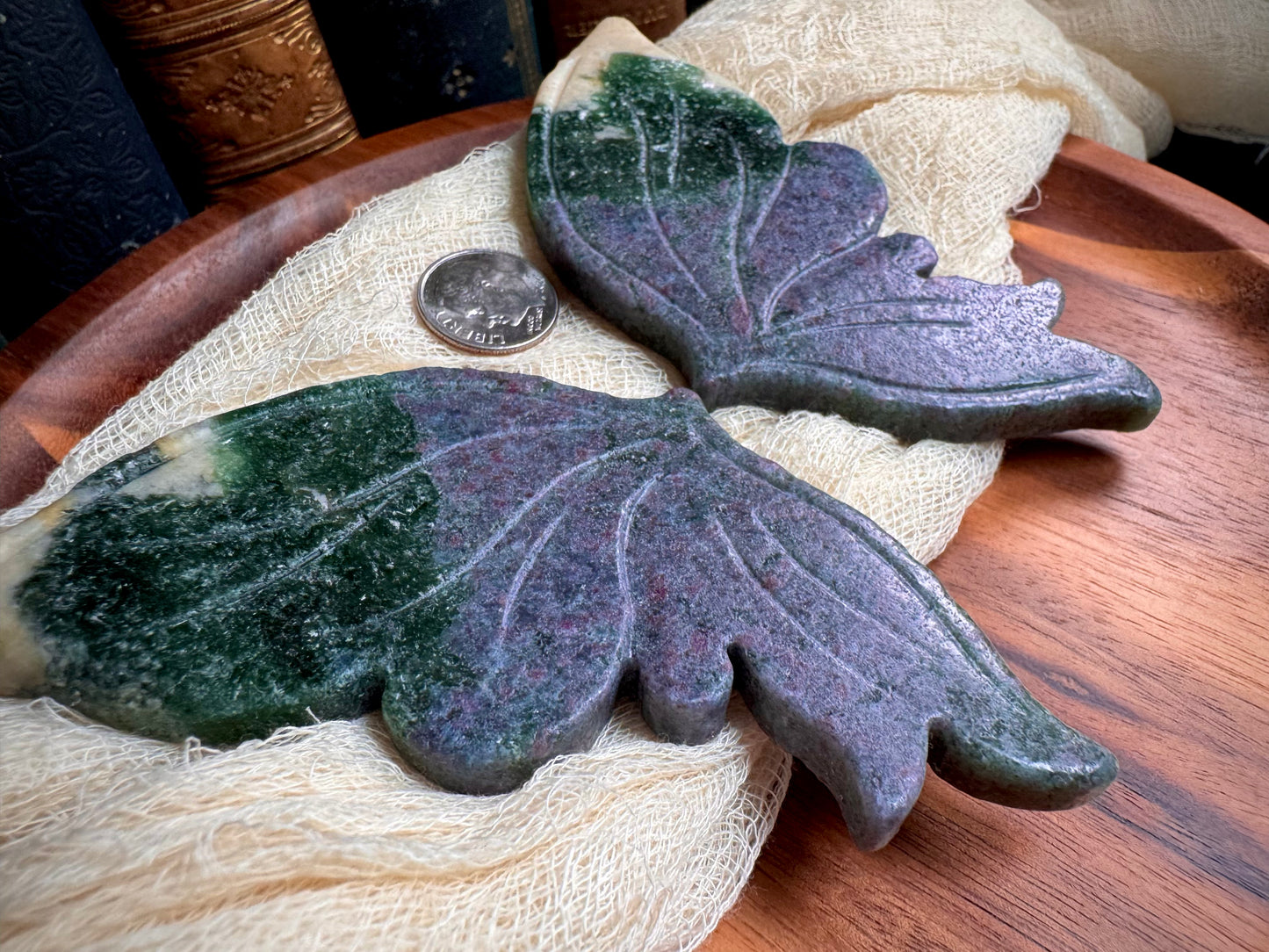 Ruby in Kyanite With Green Mica Tips Butterfly Wings on Gold Stand